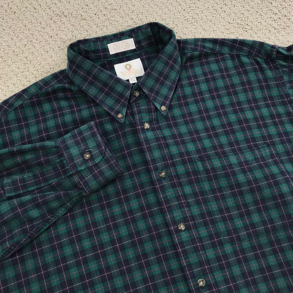 Viyella Mens XXL Green Navy Plaid Cotton Wool Blend Button Down Shirt LS